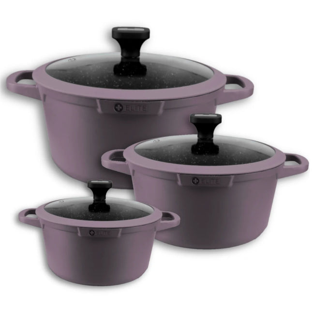 Pentole da cucina Aritka, alluminio forgiato, set da 20Ø-24Ø-28Ø cm, adatte per gas, vetroceramica e induzione, disponibili in blu, lilla e rosa, marca Elite.