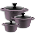 Aritka Kochtöpfe, geschmiedetes Aluminium, 3er-Set 20Ø-24Ø-28Ø cm, geeignet für Gas, Glaskeramik und Induktion, erhältlich in Blau, Lila und Rosa, Marke Elite.