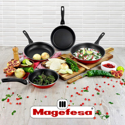 MAGEFESA GRANA set di 3 padelle (18,20,24), acciaio smaltato vetrificato, colore rosso, per induzione e lavastoviglie