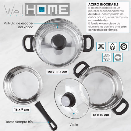 Wellhome Set 5 pezzi di pentole in acciaio inox | Alta qualità e durabilità