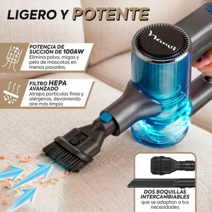 NARVI Cordless Vacuum Cleaner with 250W motor, rechargeable and removable battery, LED light for dust detection, 100 AW suction, HEPA filter and anti-tangle motorized brush. Ref. AC 10