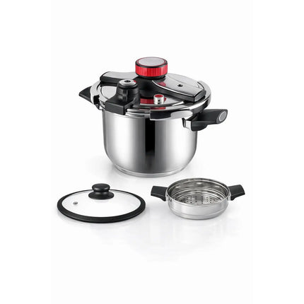 MR KITCHEN Pentola a Pressione 2 in 1 in Acciaio Inox 6L-8L-10L con Vaporiera - Adatta per Gas, Induzione e Piani Cottura in Ceramica