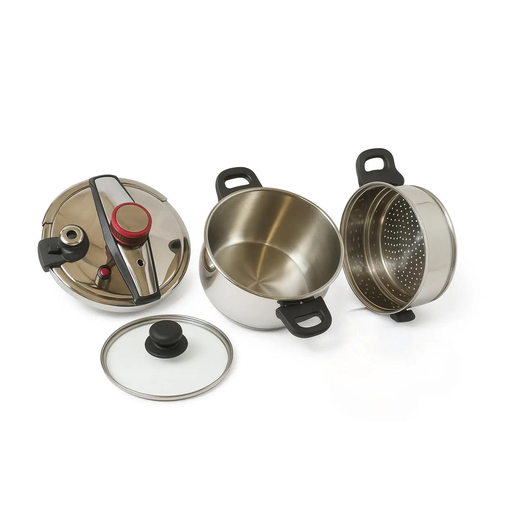 MR KITECHEN 2-in-1 Edelstahl-Schnellkochtopf 6L-8L-10L mit Dampfgarer - Geeignet für Butangas, Induktions- und Cerankochfeld