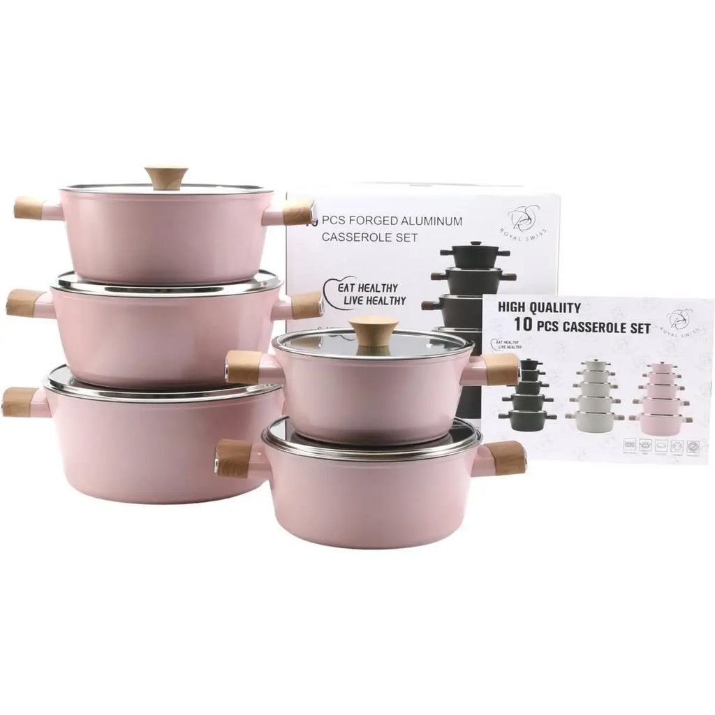 TÖPFE - ROSAFARBEN - ROYAL SWISS - SPÜLMASCHINENFEST - EDELSTAHL - FÜR ALLE HERDARTEN GEEIGNET - INDUKTIONSGEEIGNET - Ø16 cm x 10,5 cm 2,1 L - Ø16 cm x 10,5 cm 2,1 L - Ø18x11,5 cm 2,9 L - Ø20x12,5 cm 3,9 L - Ø24x