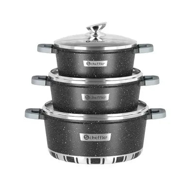 Topfset Antihaftbeschichtet Scheffler 3er-Set 32cm 11L, 36cm 15,5L und 40cm 22L – Aluminiumboden, mit Deckel und Spülmaschinenfest