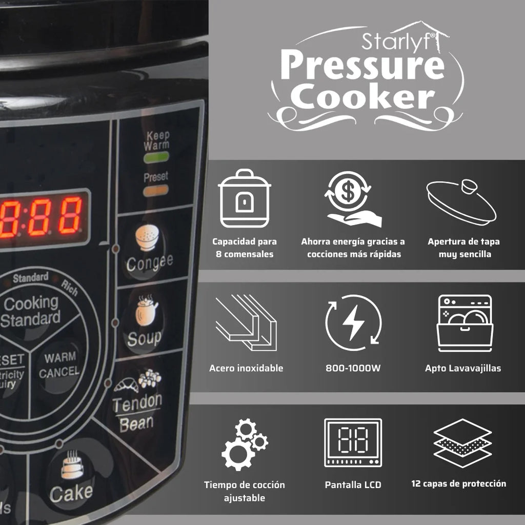 STARLYF Schnellkochtopf Programmierbarer elektrischer Schnellkochtopf, 8-in-1-Multifunktionsgerät, 4 Liter, 1000 W, LCD-Display, Slow Cooker oder Schnellkochtopf, Küchenmaschine, spülmaschinenfest