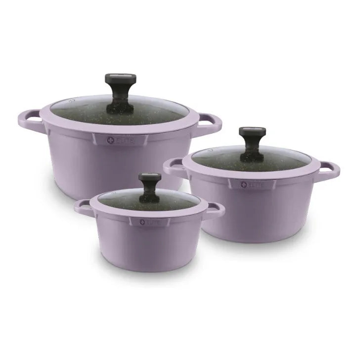 Aritka Kochtöpfe, geschmiedetes Aluminium, 3er-Set 20Ø-24Ø-28Ø cm, geeignet für Gas, Glaskeramik und Induktion, erhältlich in Blau, Lila und Rosa, Marke Elite.