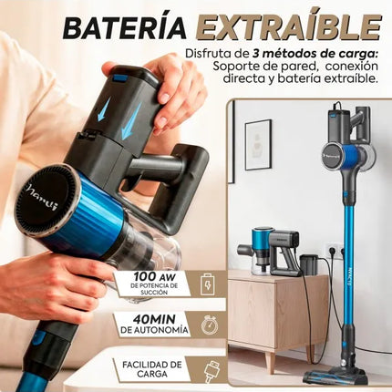 NARVI Cordless Vacuum Cleaner with 250W motor, rechargeable and removable battery, LED light for dust detection, 100 AW suction, HEPA filter and anti-tangle motorized brush. Ref. AC 10