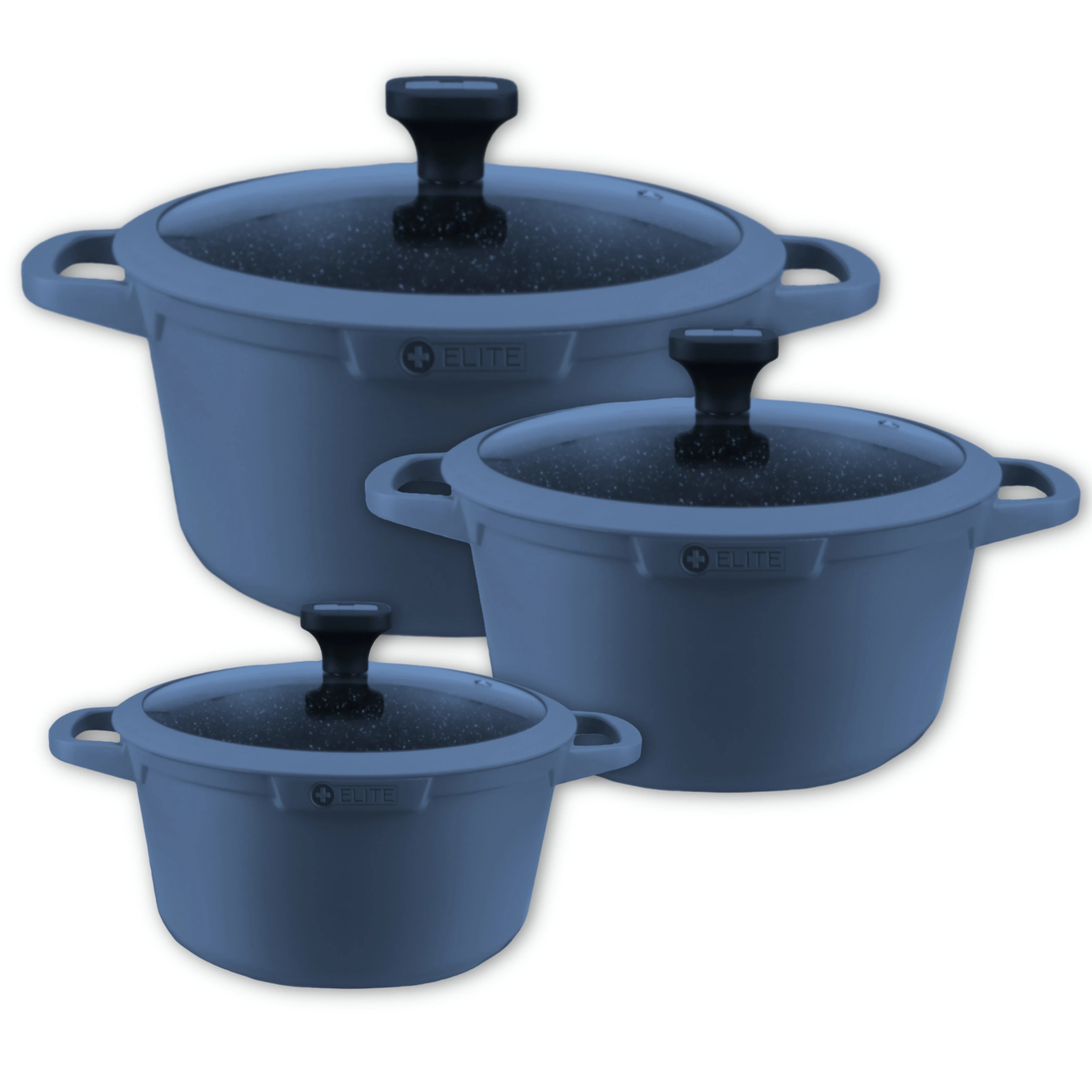 Aritka Kochtöpfe, geschmiedetes Aluminium, 3er-Set 20Ø-24Ø-28Ø cm, geeignet für Gas, Glaskeramik und Induktion, erhältlich in Blau, Lila und Rosa, Marke Elite.