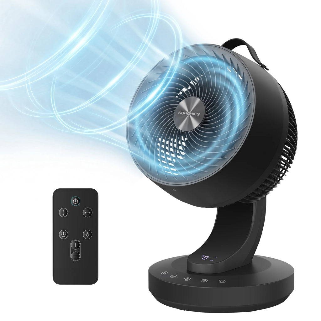 SONGMICS Ventilatore da Tavolo Silenzioso 20 dB, Display LED e Telecomando, Oscillazione a 70°, 8 Velocità, Timer 12 Ore, Circolazione dell'Aria, Nero Inchiostro/Bianco Nuvola