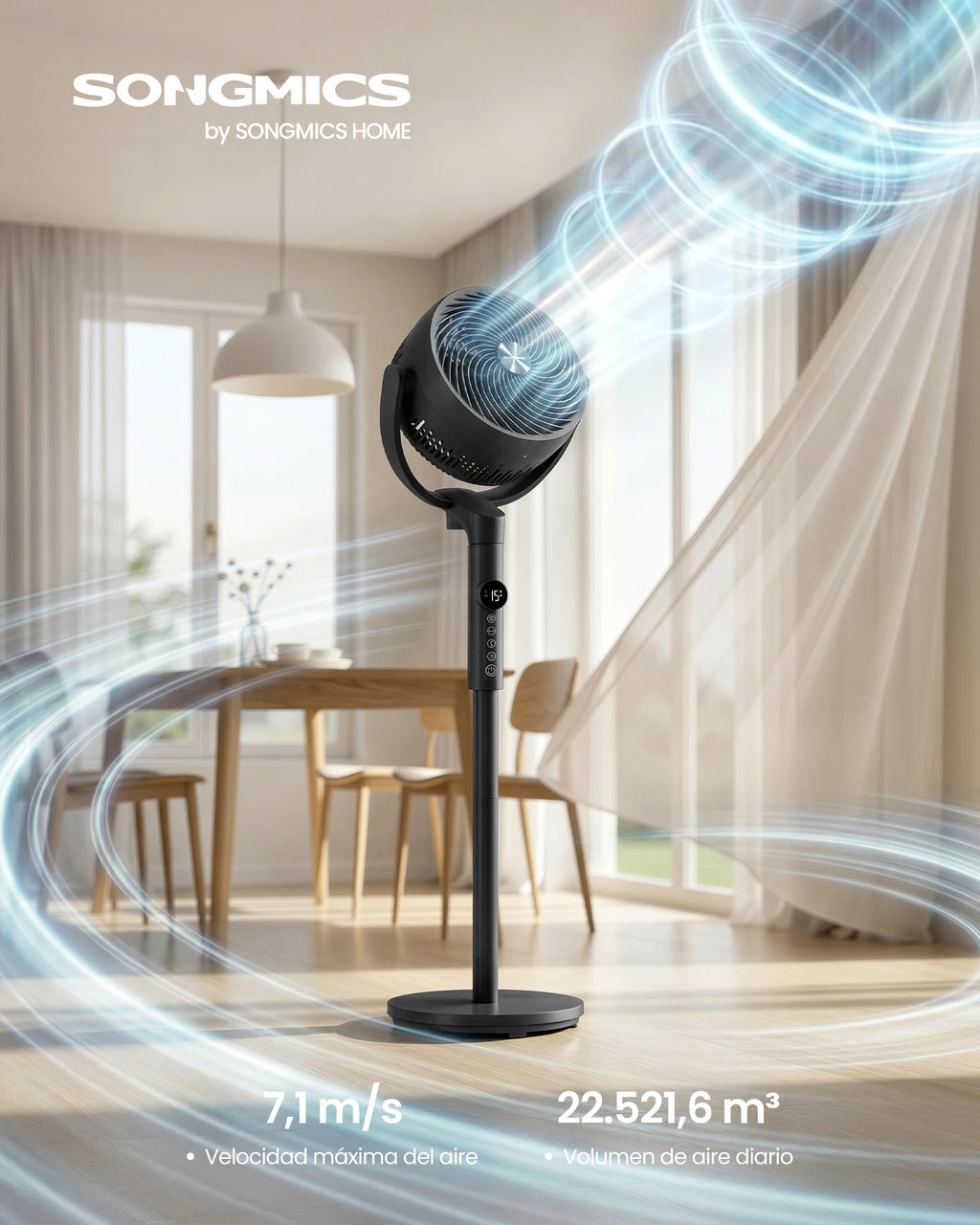 Ventilatore a Piantana SONGMICS, Ventilatore Silenzioso 20 dB, Telecomando, Camera da Letto, Oscillazione 120°+135°, 15 Velocità, Timer 15 Ore, 3 Modalità, Altezza Regolabile, Nero Inchiostro/Bianco Nuvola