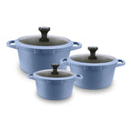 Aritka Kochtöpfe, geschmiedetes Aluminium, 3er-Set 20Ø-24Ø-28Ø cm, geeignet für Gas, Glaskeramik und Induktion, erhältlich in Blau, Lila und Rosa, Marke Elite.