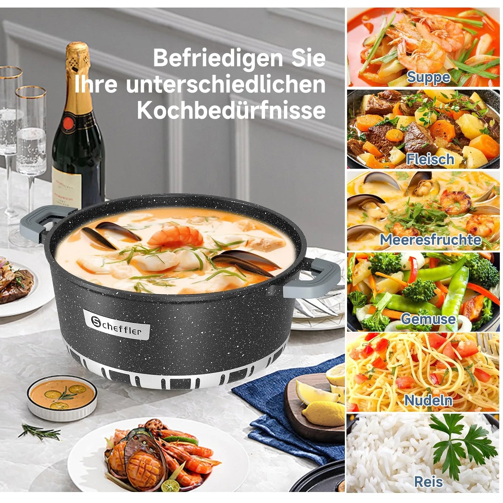 Topfset Antihaftbeschichtet Scheffler 3er-Set 32cm 11L, 36cm 15,5L und 40cm 22L – Aluminiumboden, mit Deckel und Spülmaschinenfest