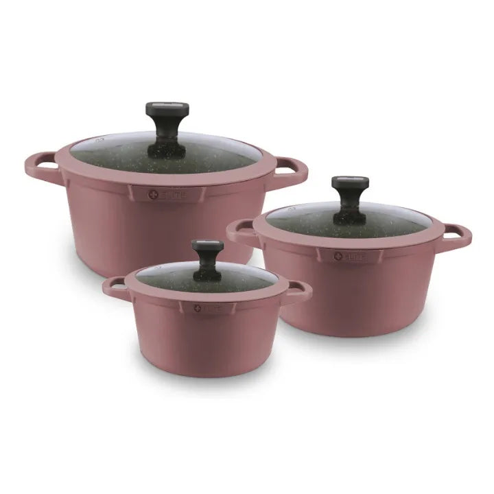 Aritka Kochtöpfe, geschmiedetes Aluminium, 3er-Set 20Ø-24Ø-28Ø cm, geeignet für Gas, Glaskeramik und Induktion, erhältlich in Blau, Lila und Rosa, Marke Elite.