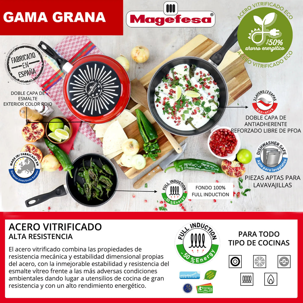 MAGEFESA GRANA 3er-Pfannenset (18,20,24), vitrifizierter Emaille-Stahl, in Rot, Induktion und spülmaschinenfest