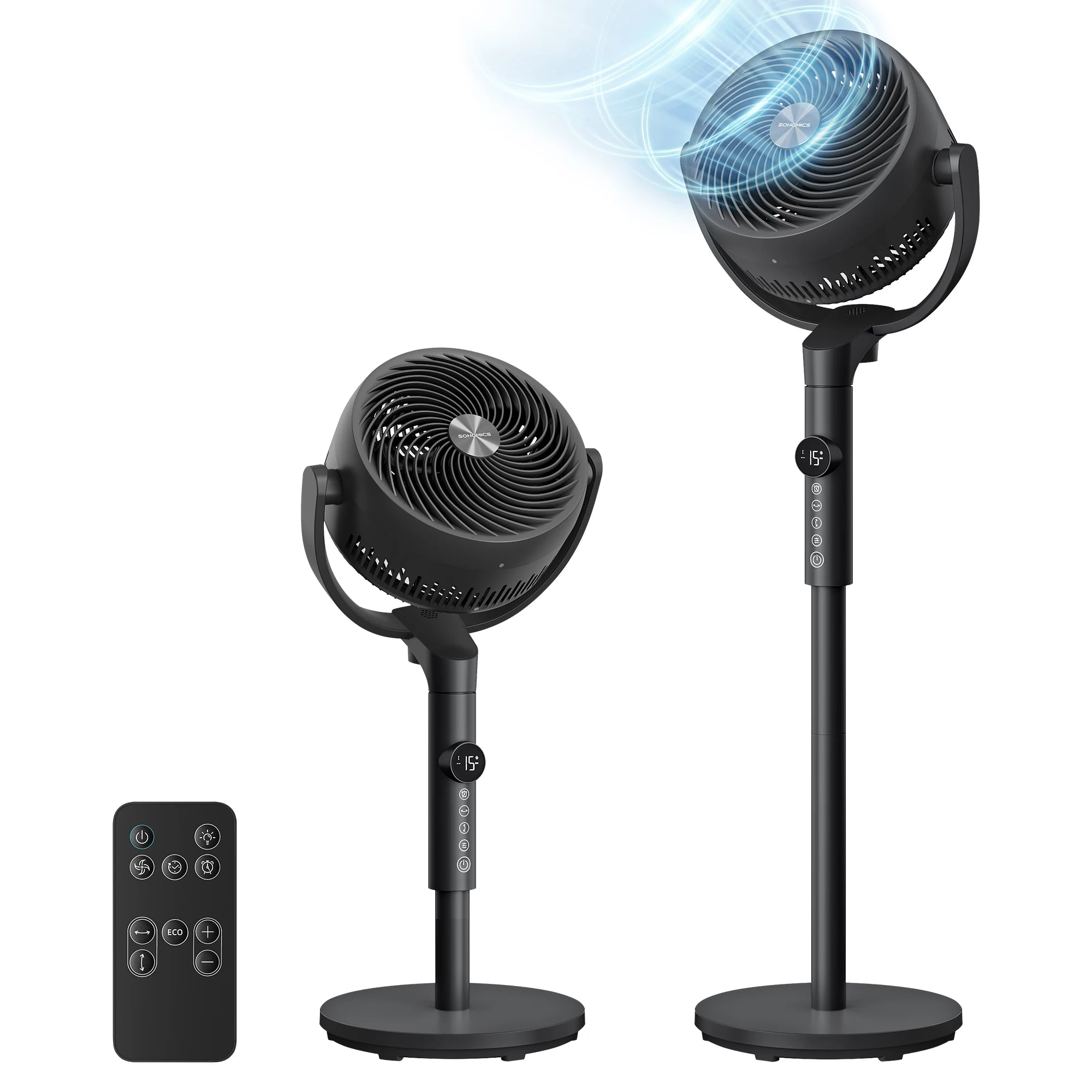 Ventilatore a Piantana SONGMICS, Ventilatore Silenzioso 20 dB, Telecomando, Camera da Letto, Oscillazione 120°+135°, 15 Velocità, Timer 15 Ore, 3 Modalità, Altezza Regolabile, Nero Inchiostro/Bianco Nuvola