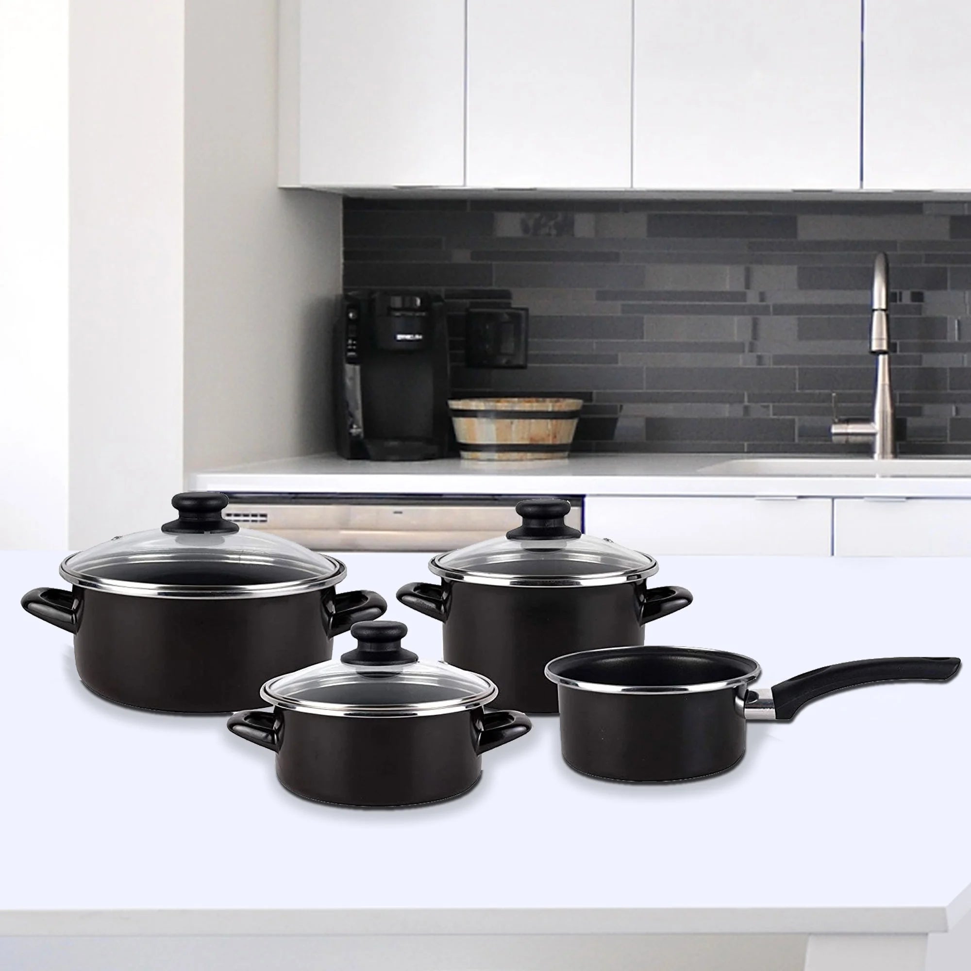 Magefesa Kenya Negra - 7-teiliges Topfset, außen schwarzer Glasstahl, zweischichtige verstärkte Antihaftbeschichtung