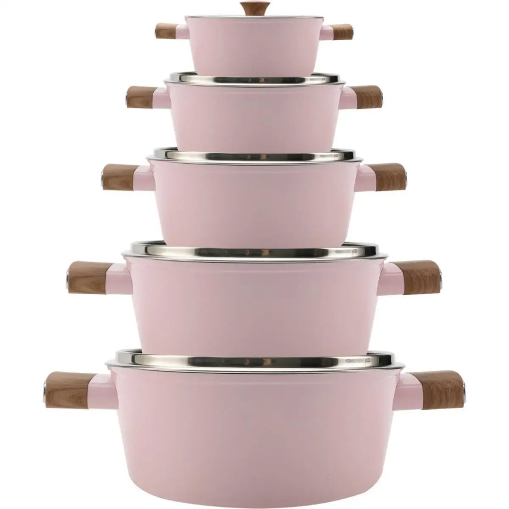 TÖPFE - ROSAFARBEN - ROYAL SWISS - SPÜLMASCHINENFEST - EDELSTAHL - FÜR ALLE HERDARTEN GEEIGNET - INDUKTIONSGEEIGNET - Ø16 cm x 10,5 cm 2,1 L - Ø16 cm x 10,5 cm 2,1 L - Ø18x11,5 cm 2,9 L - Ø20x12,5 cm 3,9 L - Ø24x