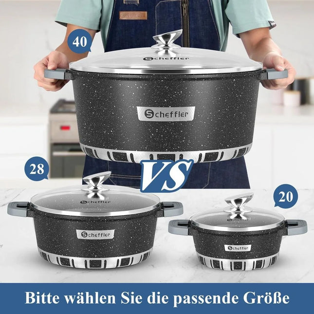 Set di 3 Pentole Antiaderenti Scheffler 32cm 11L, 36cm 15,5L e 40cm 22L – Base in Alluminio, con Coperchio e Lavabili in Lavastoviglie