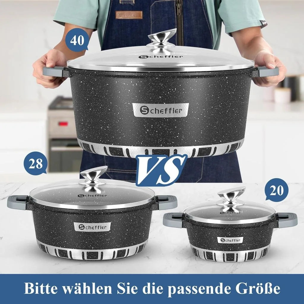 Topfset Antihaftbeschichtet Scheffler 3er-Set 32cm 11L, 36cm 15,5L und 40cm 22L – Aluminiumboden, mit Deckel und Spülmaschinenfest