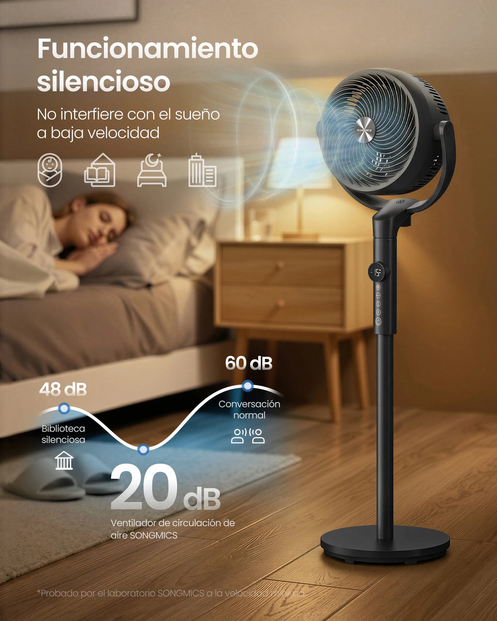 Ventilatore a Piantana SONGMICS, Ventilatore Silenzioso 20 dB, Telecomando, Camera da Letto, Oscillazione 120°+135°, 15 Velocità, Timer 15 Ore, 3 Modalità, Altezza Regolabile, Nero Inchiostro/Bianco Nuvola