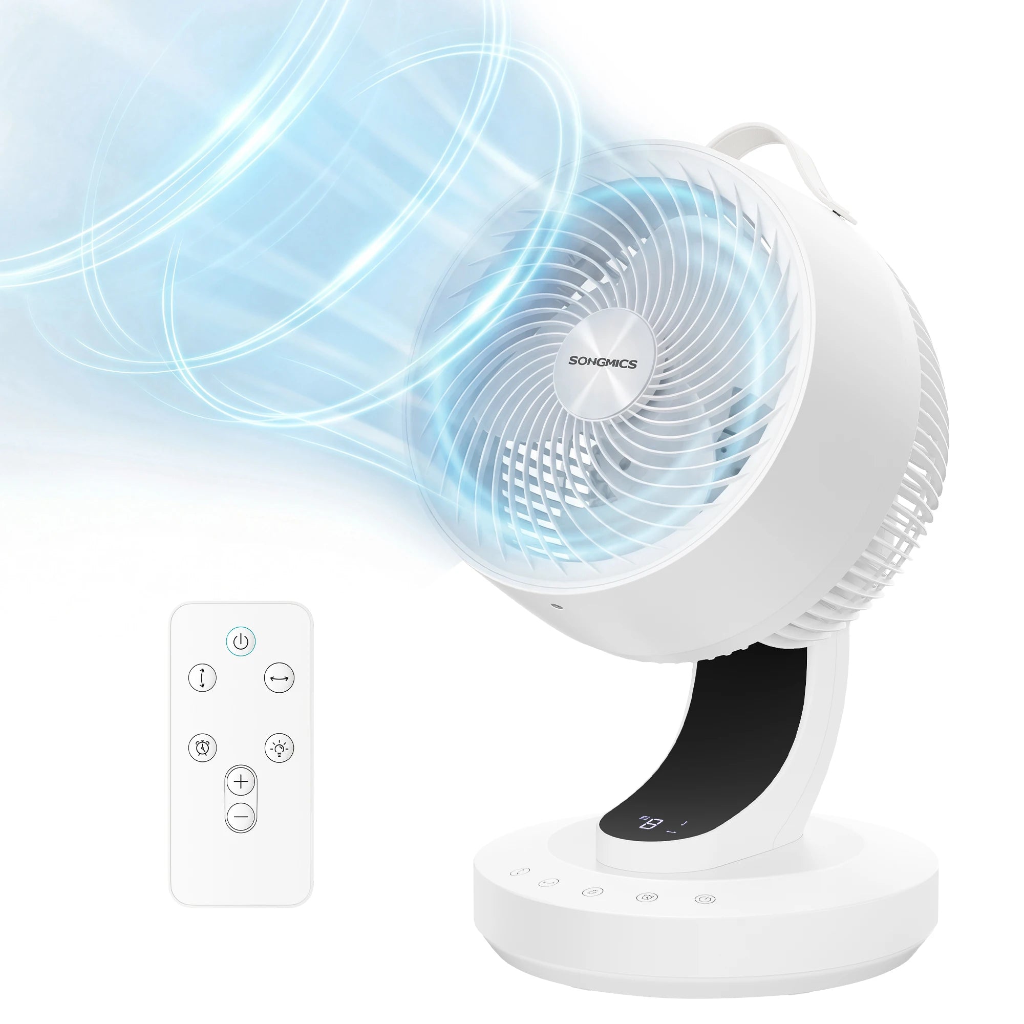 SONGMICS Ventilatore da Tavolo Silenzioso 20 dB, Display LED e Telecomando, Oscillazione a 70°, 8 Velocità, Timer 12 Ore, Circolazione dell'Aria, Nero Inchiostro/Bianco Nuvola