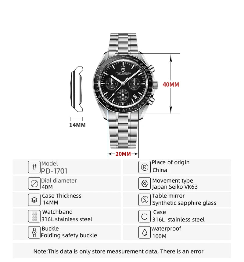 PAGANI DESIGN Orologio da Polso Uomo Quarzo Cronografo Luna Vetro Zaffiro Modello PD-1701-EU