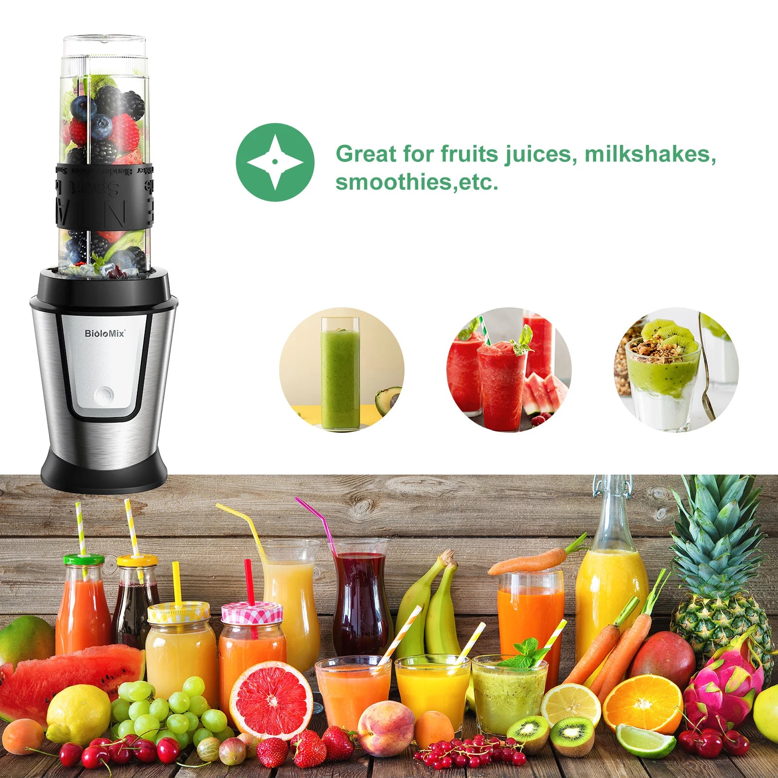 BioloMix 700W 3-in-1 Multifunktionaler tragbarer Küchenroboter Entsafter Mixer Smoothie Mixer Lebensmittelhacker Trockenmühle für die Küche