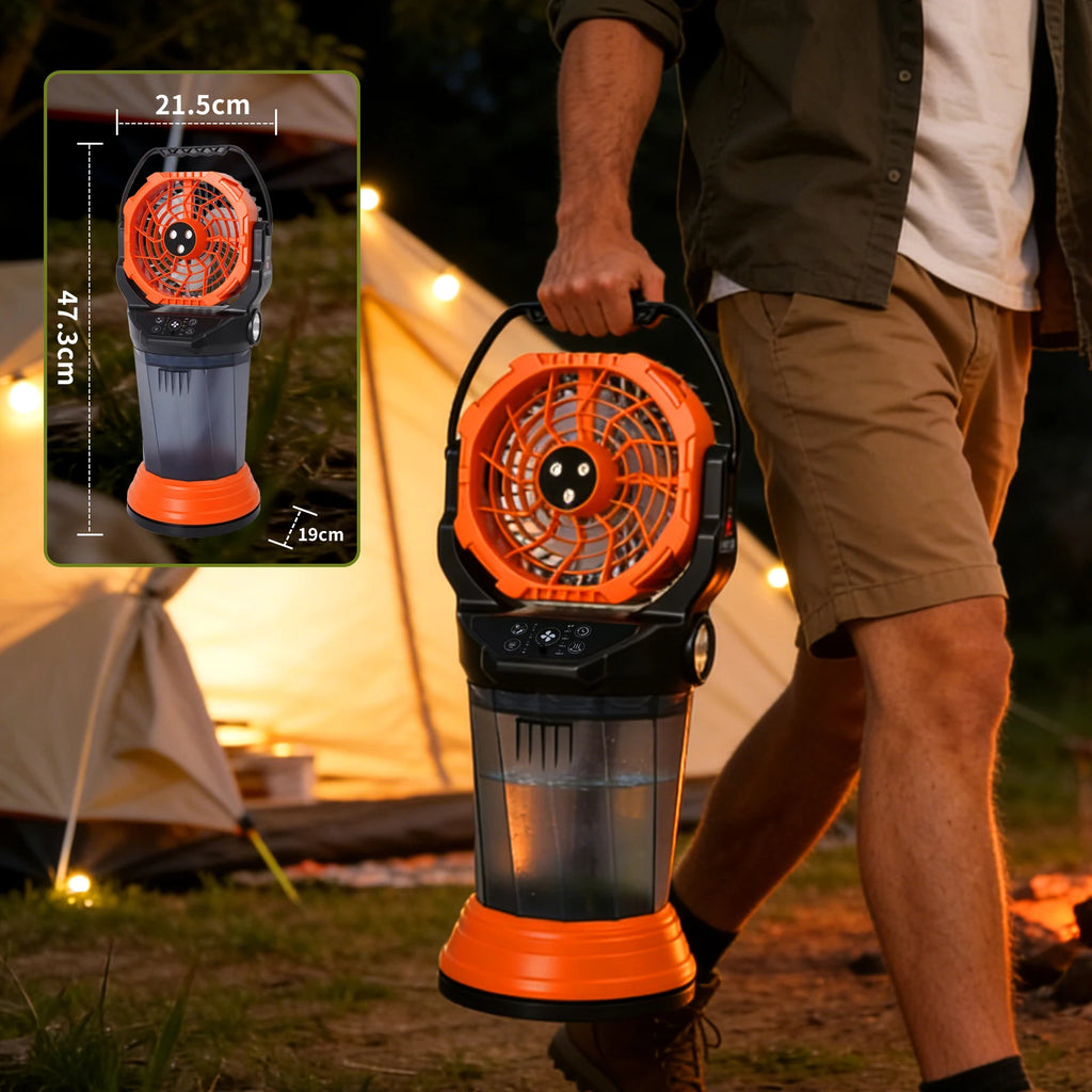 Ventilatore Nebulizzatore da Campeggio per Esterni con Lanterna, Spray Nano ABS+PP, 15000mAh, 2000ml, Torcia LED RGB Brushless, 4 Velocità, Verde/Arancione/Nero