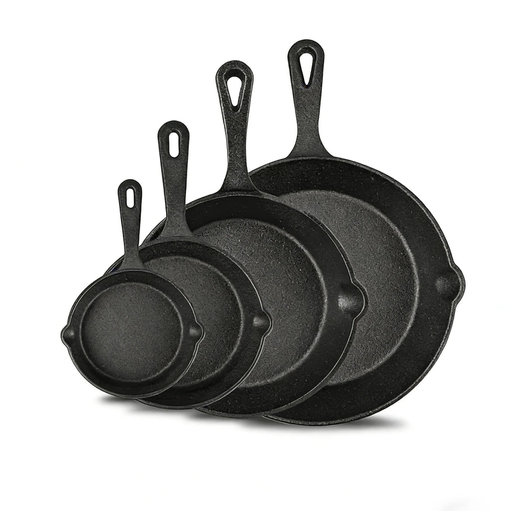 Set di 4 Padelle in Ghisa 14/16/20/26cm Senza Rivestimento Compatibili con Tutte le Fonti di Calore per BBQ, Frittura, Grigliate, Brasatura e Arrosto