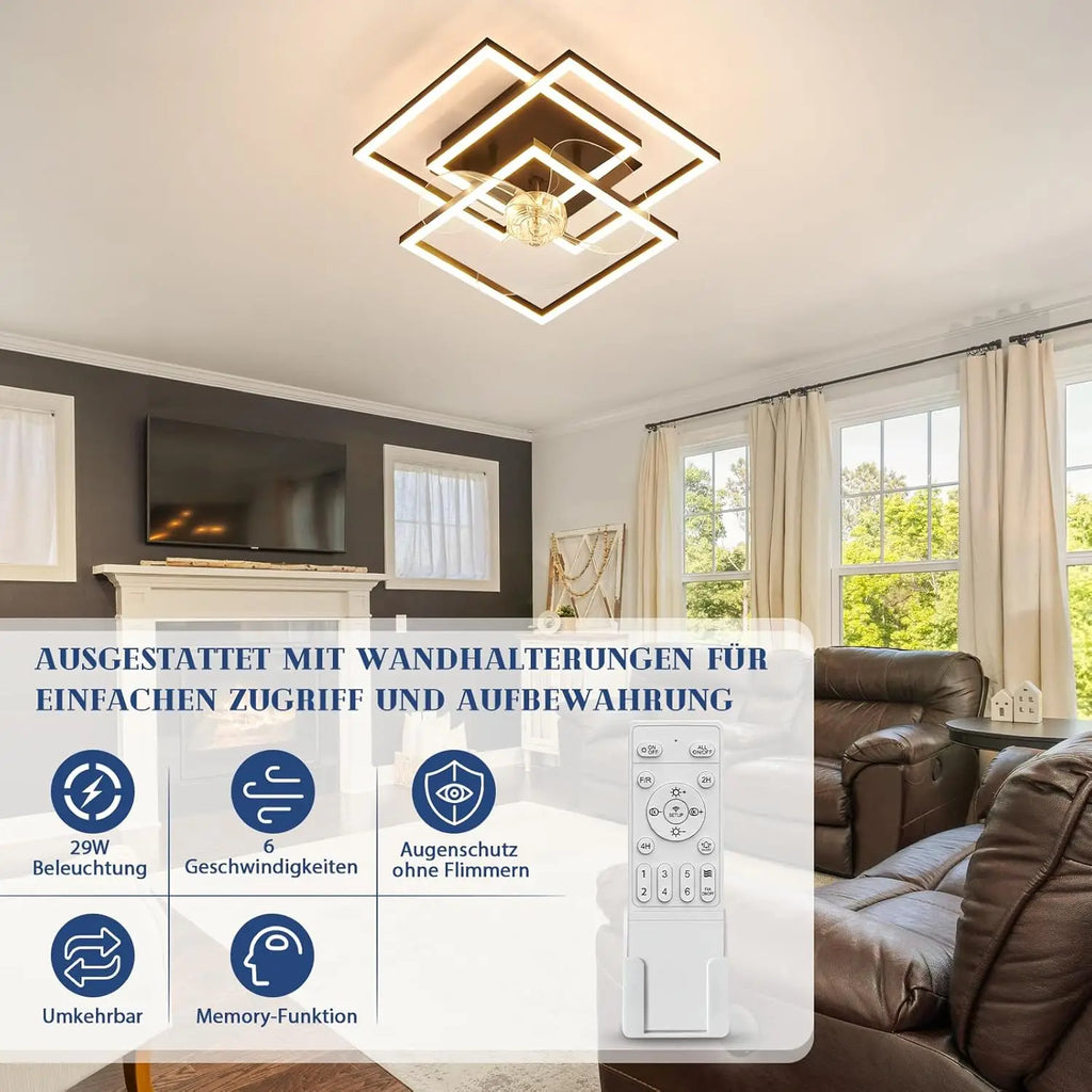 Ventilatore da soffitto nero a 3 teste con cornice quadrata, 33 cm, telecomando dimmerabile