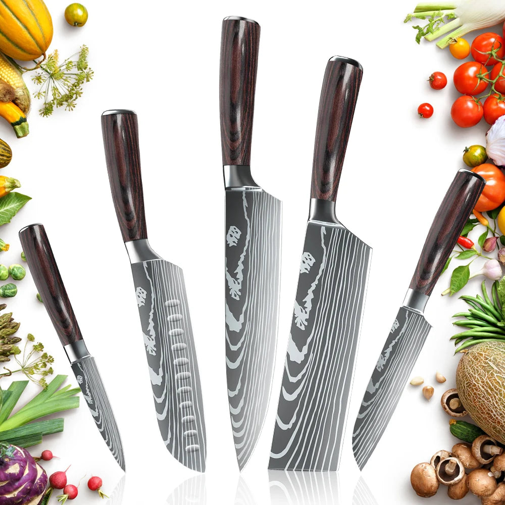 5-teiliges Küchenmesserset mit lasergeätztem Damastmuster, 7Cr17-Stahl, scharf, rostbeständig, Holzgriff, Geschenkbox mit Befestigungsgurt