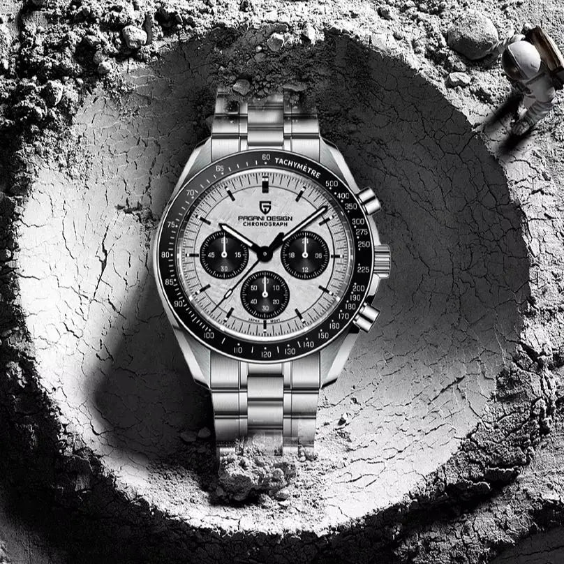 PAGANI DESIGN Herren-Armbanduhr mit Meteoritenzifferblatt, luxuriöse Quarzuhr, Sport-Chronograph, wasserdicht, mit AR-Saphirglas.