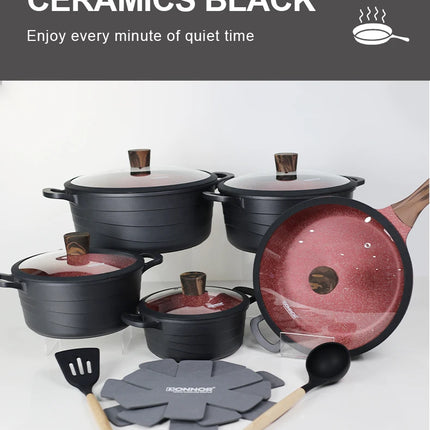 Donnor Set di pentole da 15 pezzi Serie Wave Set di pentole antiaderenti Casseruola con rivestimento in granito Utensili da cucina senza fumo