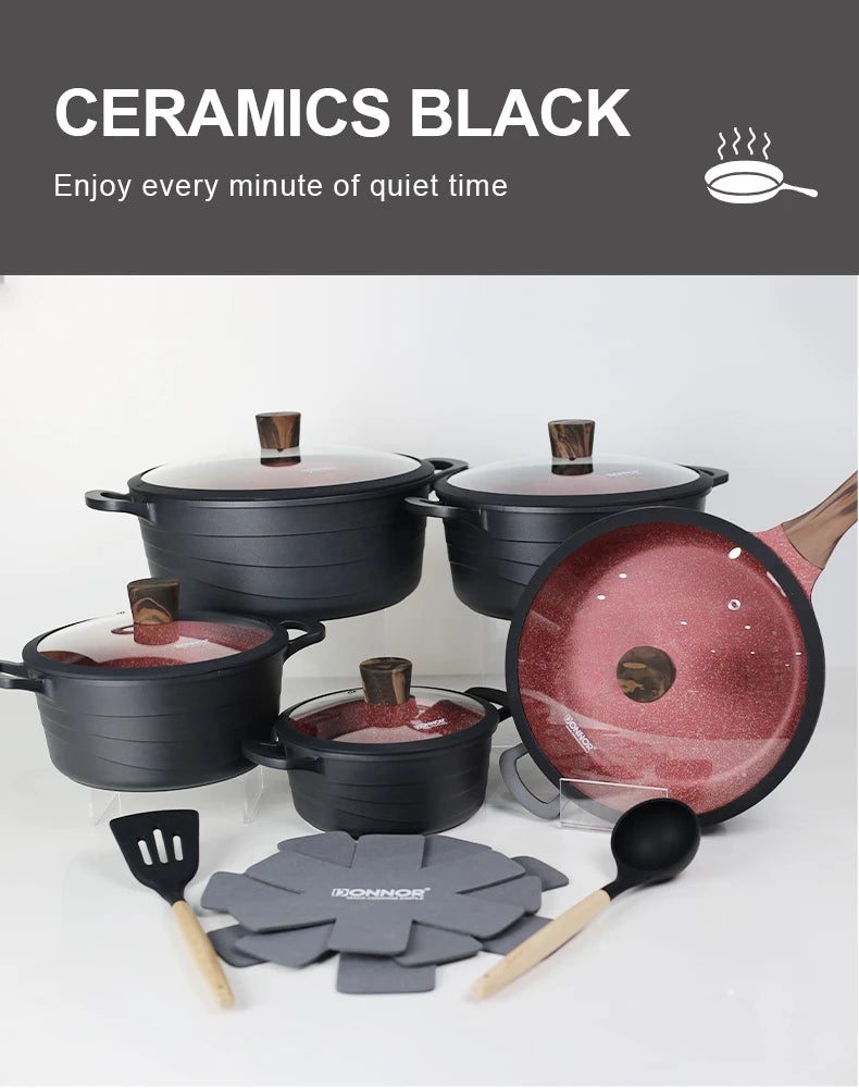 Donnor Set di pentole da 15 pezzi Set di pentole antiaderenti serie Wave Casseruola con rivestimento in granito Utensili da cucina senza fumo