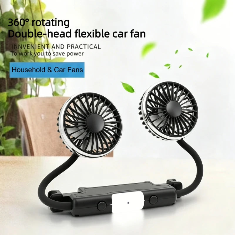 Ventilatore portatile USB a doppia testa regolabile con interruttore indipendente, 3 velocità 360° °   Ventilatore da Poggiatesta per Auto, per Casa e Sedile Posteriore