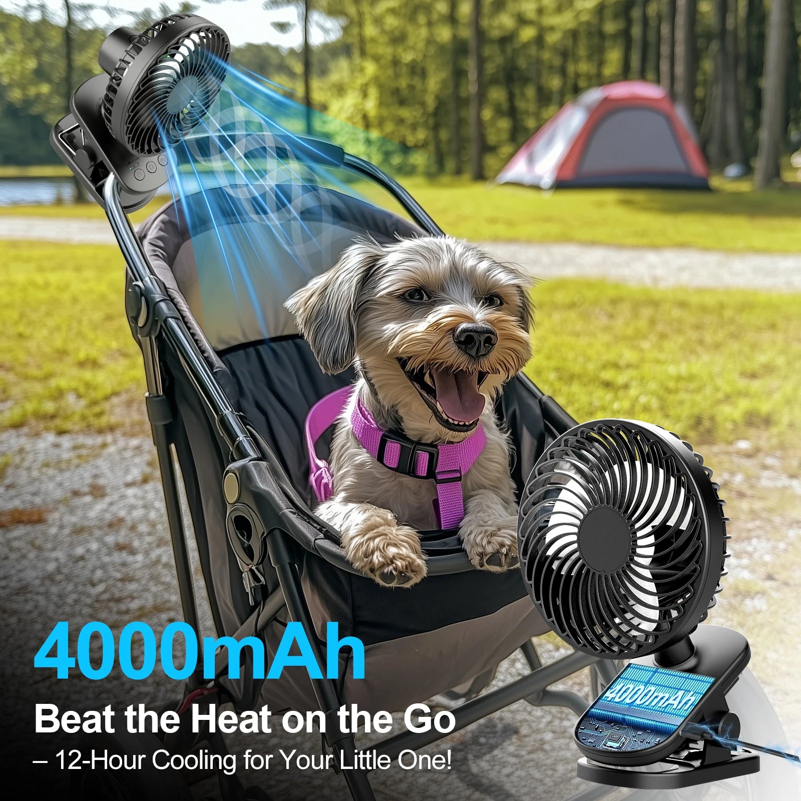 Mini Ventilatore Portatile a Clip, Ventilatore da Tavolo, 4 Velocità Silenziose con Rotazione a 360° °   Lampada da Campeggio con Oscillazione Automatica della Testa, Alimentazione ad Aria, Batteria da 4000mAh