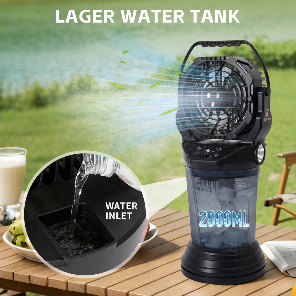 Ventilatore da campeggio per esterni da 15000 mAh con funzione spray, 4 velocità, luce LED e torcia, nero/arancione/verde