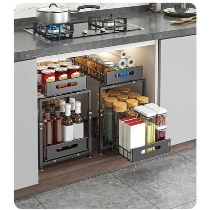 Under-Sink Organizer for Kitchen, 2-Tier Adjustable Pull-Out Shelf for Bowls, Plates, and Spice Jars