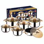 Set di 6 casseruole in acciaio inox per alimenti, con fondo a 5 strati, colore oro, ideali per cucinare, friggere e preparare zuppe.