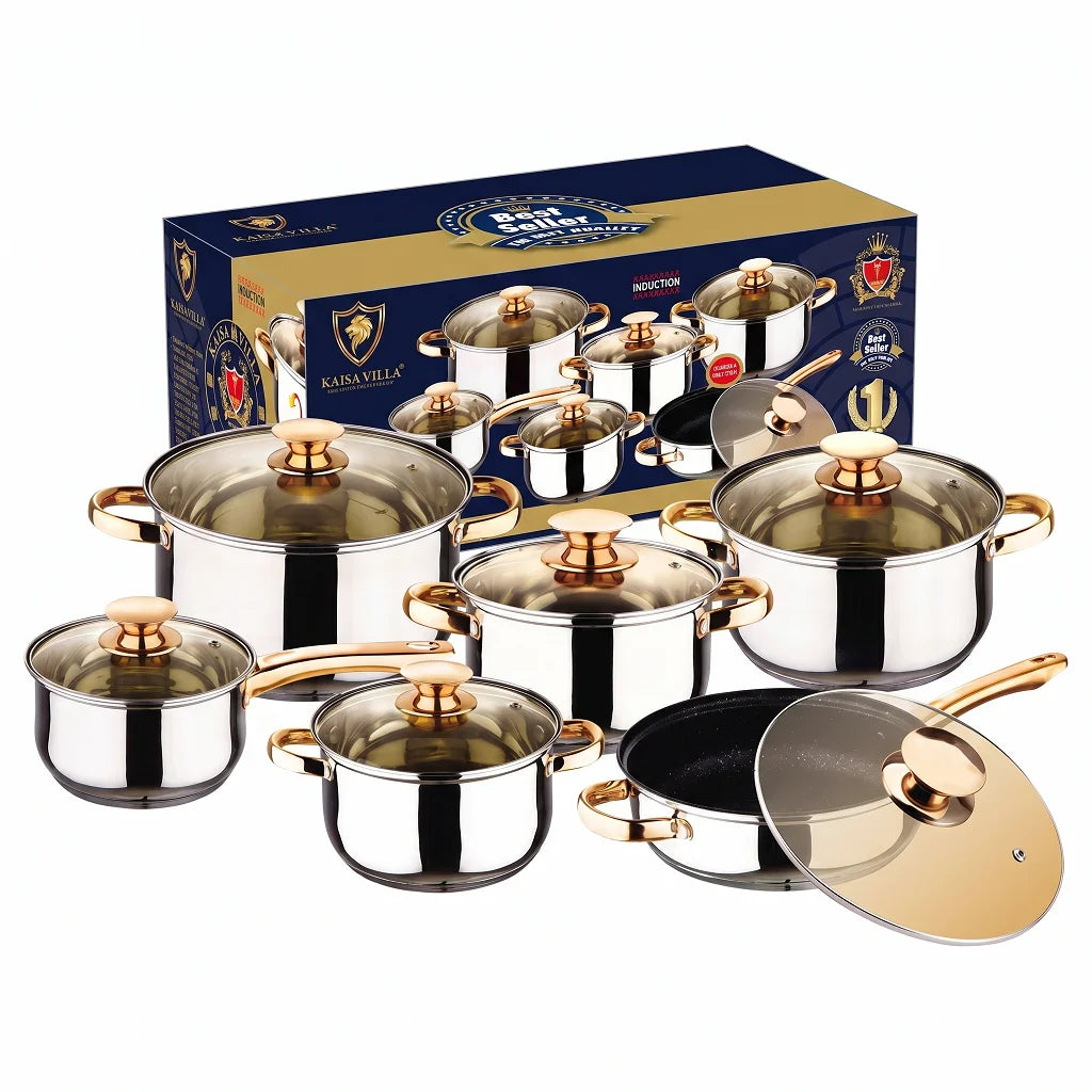 Set di 6 casseruole in acciaio inox per alimenti, con fondo a 5 strati, colore oro, ideali per cucinare, friggere e preparare zuppe.