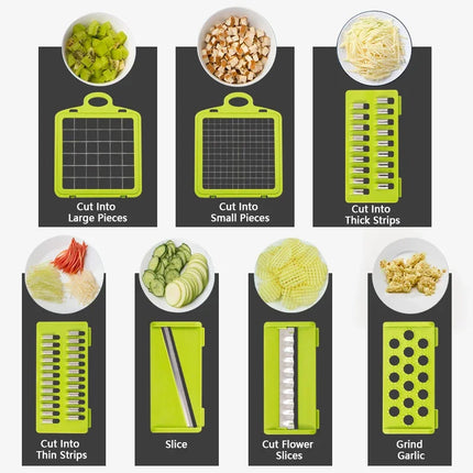 Tritatutto per verdure multifunzionale 14/16 in 1, tritatutto per cipolla con manico, griglia per alimenti, tritatutto per alimenti, affettatrice per verdure, dicer, taglio