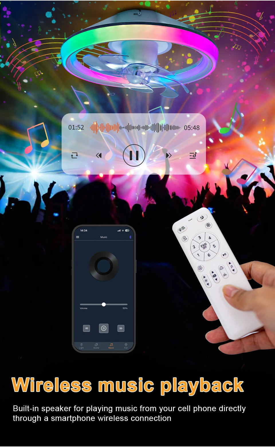 Ventilatore da soffitto a LED intelligente con altoparlante 360 °   Lampadario rotante moderno RGB con telecomando APP, lampadario a 6 velocità per interni domestici