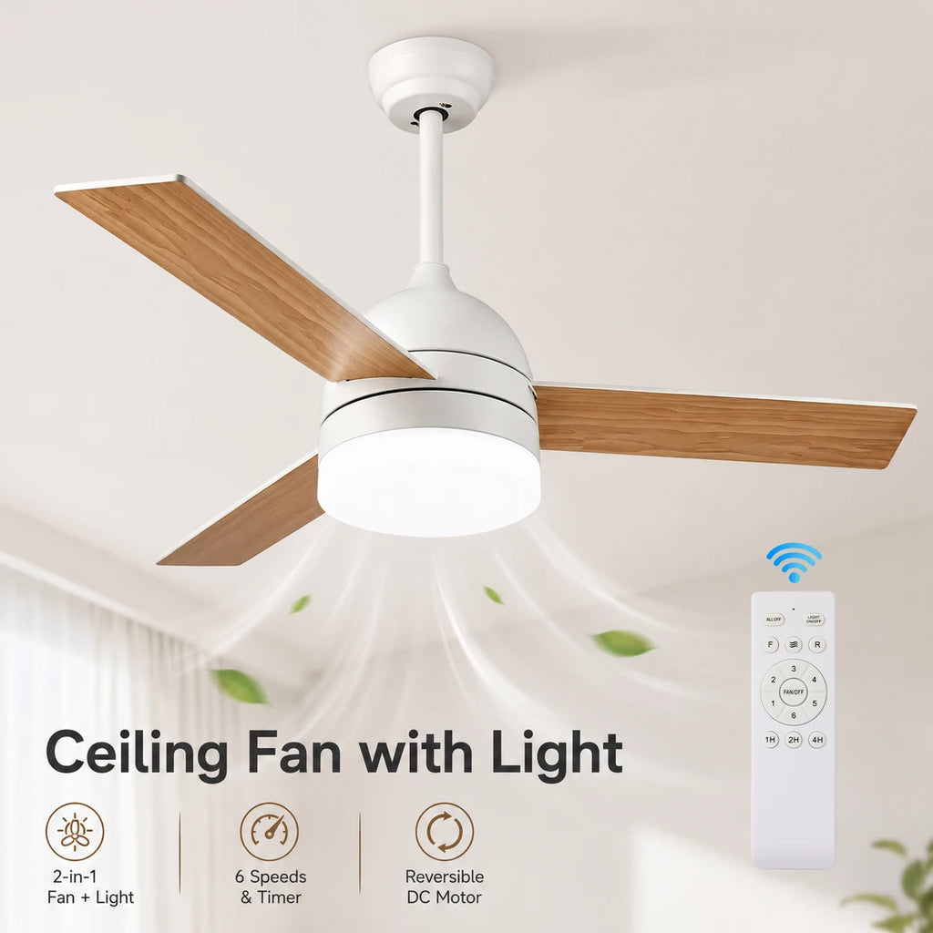 Ventilatore da Soffitto LED 2-in-1 con Luce, Telecomando, Dimmerabile, Reversibile, Silenzioso, 6 Velocità, per Camera da Letto, Soggiorno, Sala da Pranzo