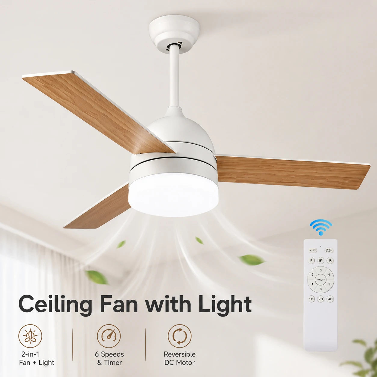 Ventilatore da Soffitto LED 2-in-1 con Luce, Telecomando, Dimmerabile, Reversibile, Silenzioso, 6 Velocità, per Camera da Letto, Soggiorno, Sala da Pranzo