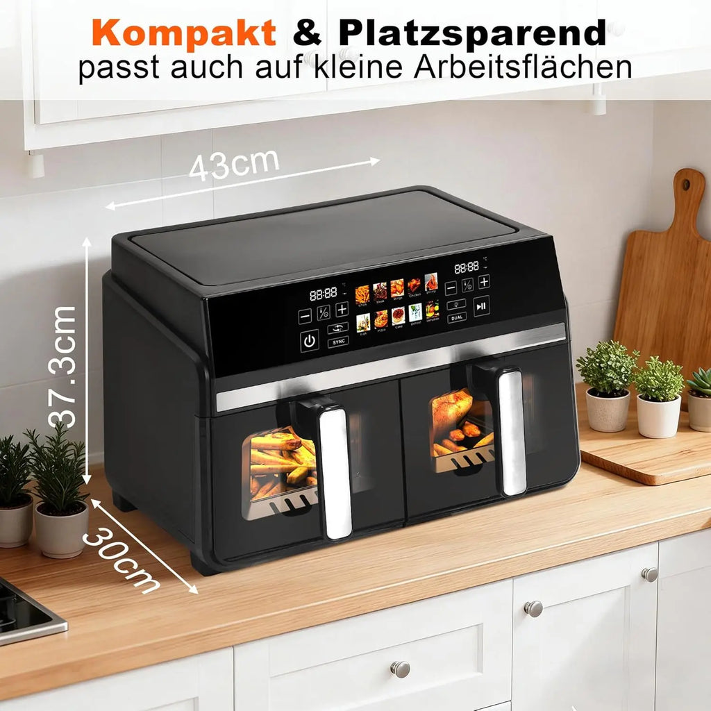 Doppelkorb-Heißluftfritteuse 5+5L, intelligenter Touchscreen, Sichtfenster und einstellbare Bedienelemente, 2200W