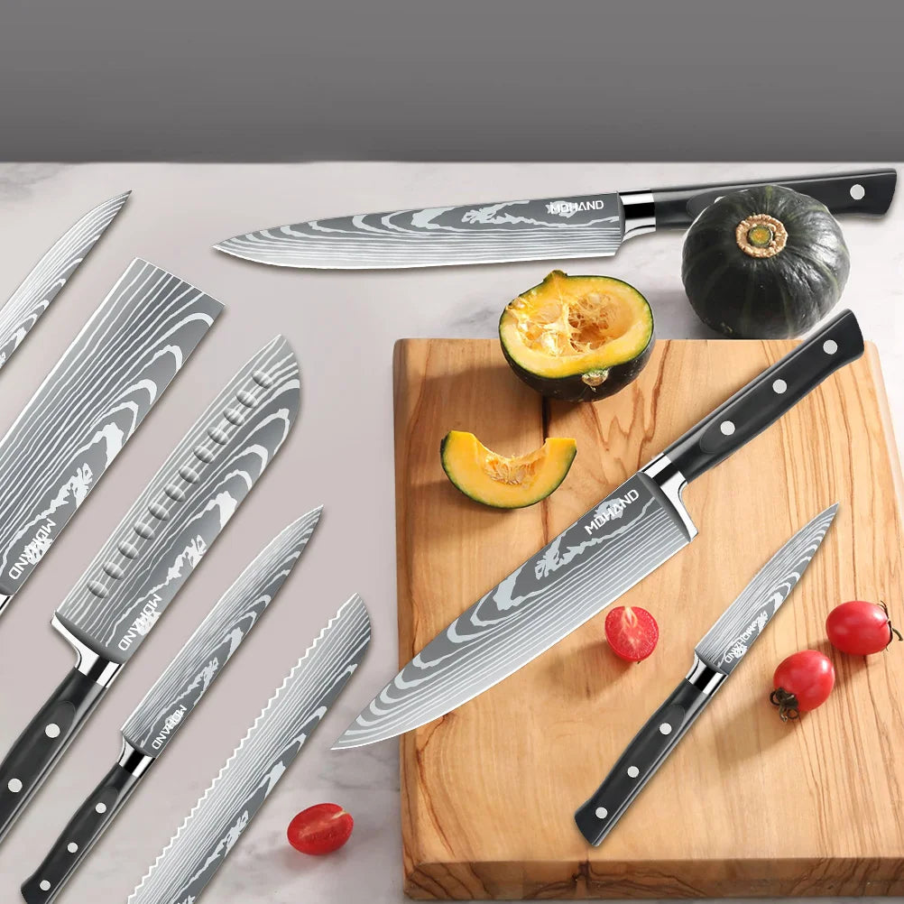 MDHAND Messerset, 8-teilig, scharfes japanisches Kochmesser, Hackbeil, Mehrzweckmesser für Brot und Scheiben, ABS-Griff mit Nylontasche