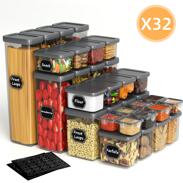 Set of 32 Airtight Food Storage Containers with Lids, BPA-Free Plastic Pantry Organizers, Leak-Proof Kitchen Containers for Cereal, Flour, Spices and Dry Food with Labels