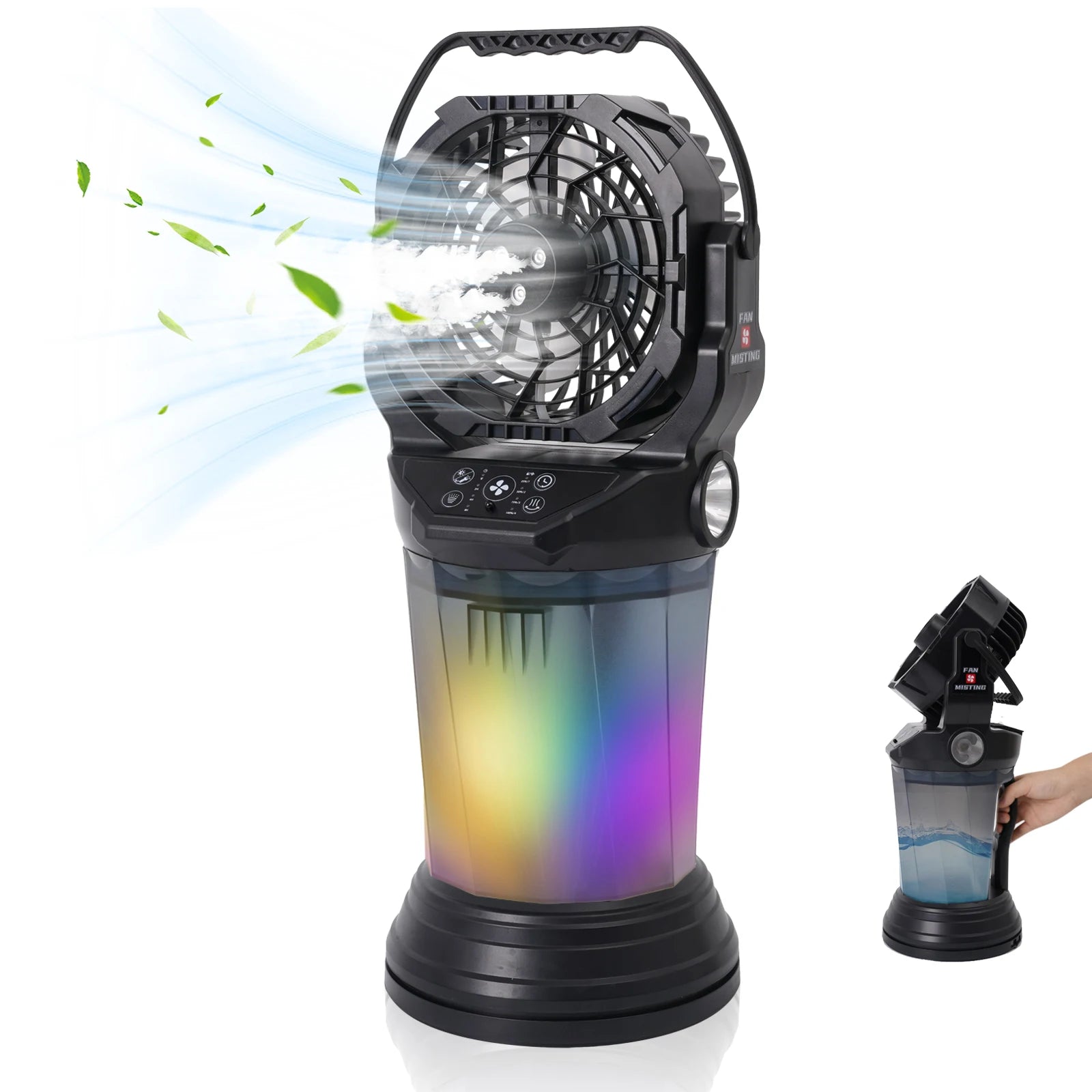 Ventilatore Nebulizzatore da Campeggio per Esterni con Lanterna, Spray Nano ABS+PP, 15000mAh, 2000ml, Torcia LED RGB Brushless, 4 Velocità, Verde/Arancione/Nero