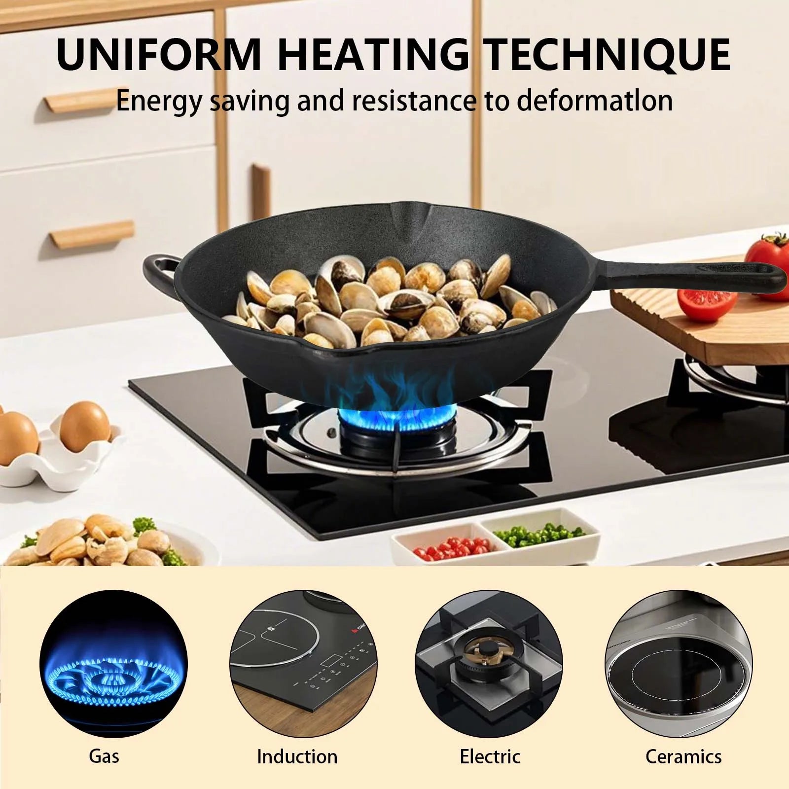 Set di 4 Padelle in Ghisa Pretrattata, 14-26cm, Antiaderenti, Riscaldamento Uniforme, Manici Ergonomici per Gas, Induzione, Falò, BBQ